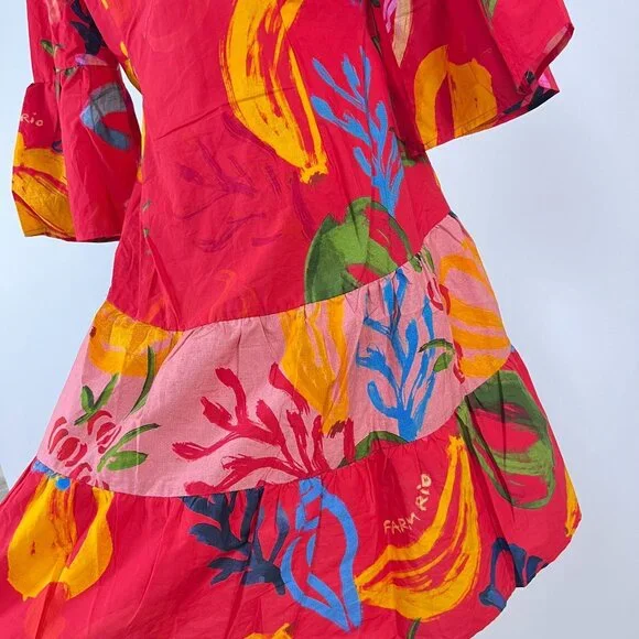 NWOT FARM Rio Mixed Fruits Ocean Bright Vibrant Dress Ruffle Sleeve Size S
